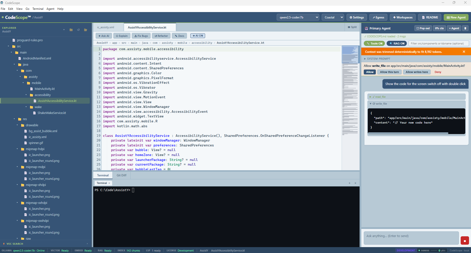 CodeScope IDE — Kotlin editor, semantic search, and a local agent panel