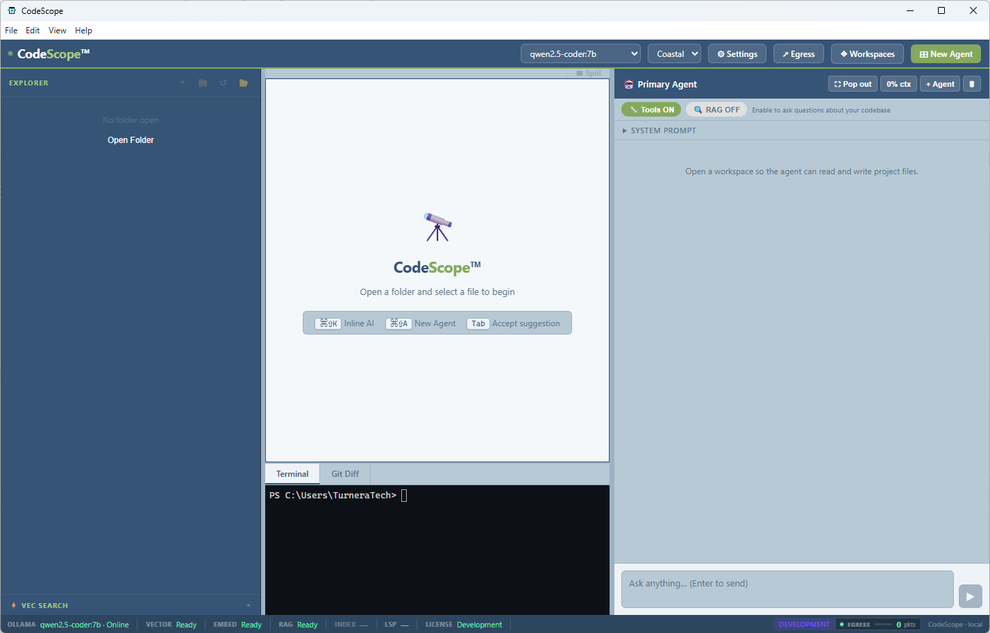 CodeScope welcome screen with explorer, terminal, and Primary Agent panel